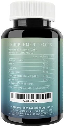 Neurogan Spermidine 25 mg, Fisetin 150 MG, Trans-Resveratrol 150 MG, Quercetin 150 MG Pterostilbene 50 MG, PQQ 25 MG, Wellness Supplement for Healthy Aging - Concentrated Formula in Kuwait