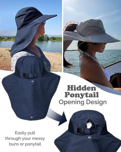 Camptrace Sun Hats for Women Men with Neck Flap UV Protection Wide Shade | Perfect for fishing and hiking, ponytail hole, Waterproof nylon, packable design, cooling mesh vents, adjustable chin strap in Saudi Arabia