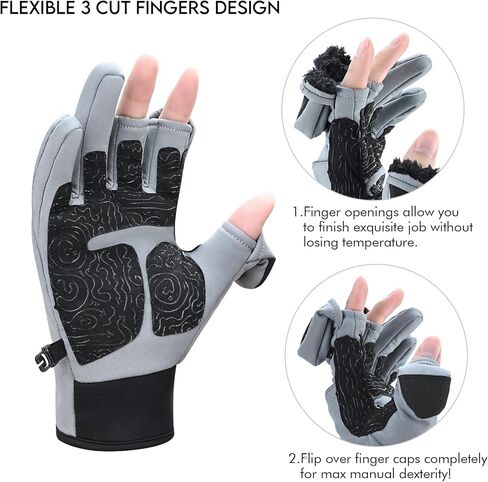 Riverruns Winter Fishing Gloves Fleece Lining Windproof Touchscreen 3 Cut Fingers Warm Gloves Water Repellent for Ice Fishing Photography Hunting Hiking in Kuwait