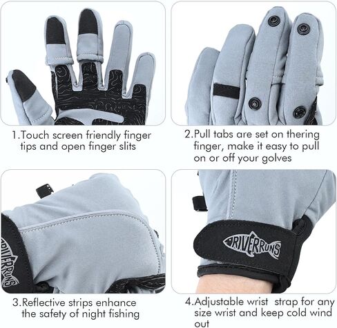 Riverruns Winter Fishing Gloves Fleece Lining Windproof Touchscreen 3 Cut Fingers Warm Gloves Water Repellent for Ice Fishing Photography Hunting Hiking in Kuwait