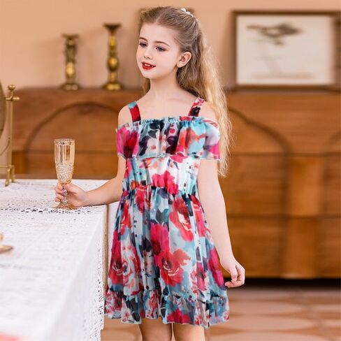 Baby Toddler Girls Dresses Chiffon Off Shoulder Flower Dress Baby Girl Clothes Summer Outfits 1-7 Years in Saudi Arabia