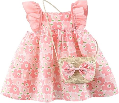 Baby Girl Tutu Summer Dress Sleeveless Casual Floral Backless Princess Dresses Swing Sundress Skirt with Straw Hat Beachwear in Kuwait