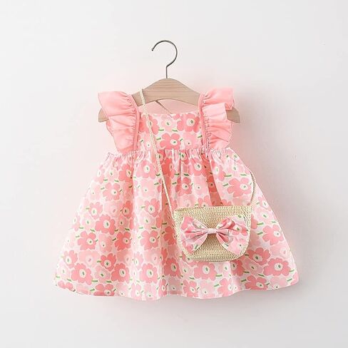 Baby Girl Tutu Summer Dress Sleeveless Casual Floral Backless Princess Dresses Swing Sundress Skirt with Straw Hat Beachwear in Kuwait