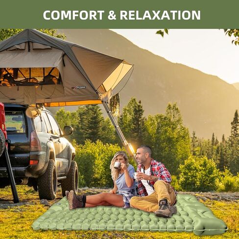 Double Sleeping Pad for Camping, Self-Inflating Sleeping Mat with Built-in Foot Pump, Air Mattress with Pillows, Foldable Camping Sleeping Pad for Hiking, Backpacking, Traveling (Blue) in Kuwait