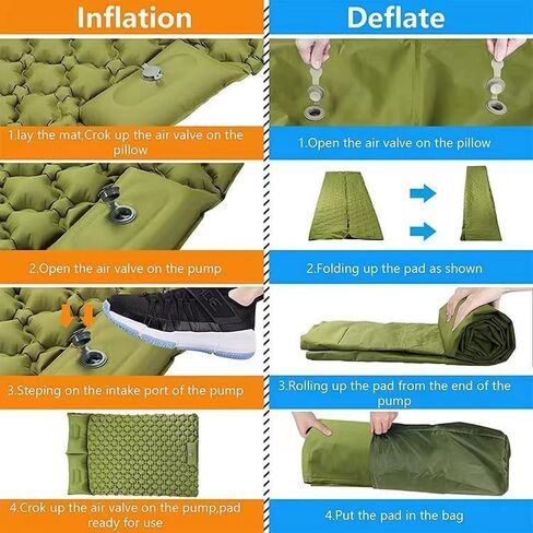 Double Sleeping Pad for Camping, Self-Inflating Sleeping Mat with Built-in Foot Pump, Air Mattress with Pillows, Foldable Camping Sleeping Pad for Hiking, Backpacking, Traveling (Blue) in Kuwait