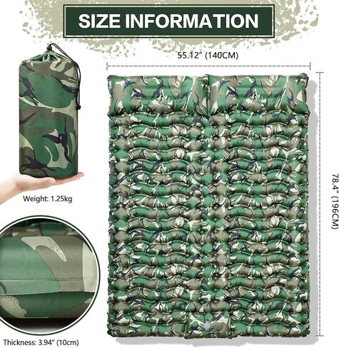 ثانكو 2 وسادة نوم مزدوجة بطبعة الجيش، وسادة نوم مموهة للتخييم لشخصين، وسادة نوم ذاتية النفخ، مرتبة هوائية للتخييم، وسادة تخييم قابلة للنفخ بضغط القدم in Kuwait