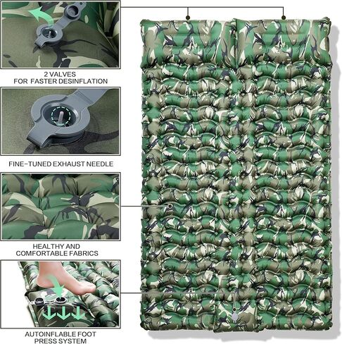 ثانكو 2 وسادة نوم مزدوجة بطبعة الجيش، وسادة نوم مموهة للتخييم لشخصين، وسادة نوم ذاتية النفخ، مرتبة هوائية للتخييم، وسادة تخييم قابلة للنفخ بضغط القدم in Kuwait