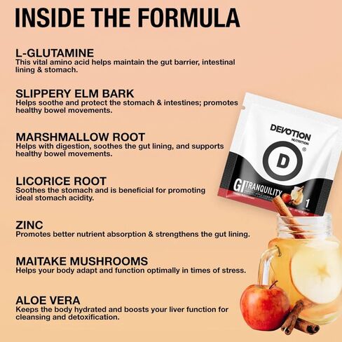 Devotion Nutrition - GI Tranquility, Digestive Health Supplement - Gut Health Support with Glutamine, Slippery Elm Bark, Licorice Root, Zinc, Aloe Vera - 30 Servings (Harvest Apple Cider) in Saudi Arabia