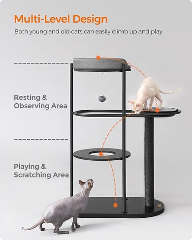 فياندريا شجرة قطط عصرية، برج قطط، انبوب ستيل ولوح حبيبي، منصة مع وسادة، عمود خدش للقطط من السيزال، كرة معلقة من القطن والكتان، 31 × 17 × 44 انش، اسود كلاسيكي UPCT117B01 in Kuwait
