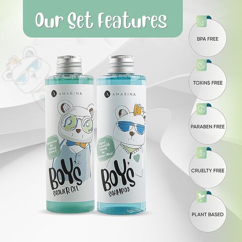 Amarina Kids Boys Shampoo & Shower Gel Set for Healthier Skin and Hair of Children, Baby and Teenagers; with Panthenol, Aloe, Vitamin C, Hyaluronic Acid & Chamomile; Paraben Free in Kuwait
