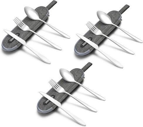 أدوات محمولة، مجموعة أدوات مائدة للتخييم أثناء السفر، مجموعة أدوات مائدة محمولة من الفولاذ المقاوم للصدأ، مجموعة أدوات طعام فضية للسفر مع علبة مقاومة للماء (3 مجموعات فضية) in Kuwait