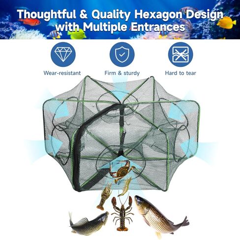 مجموعة مصائد شبكة صيد ذكية، مصائد سرطان البحر الاسطوانية السداسية الاسطوانية الكل في واحد، شبكة صيد لصيد جراد البحر، مصائد شبكية لصيد السمك وجراد البحر، ملحقات صيد محمولة قابلة للطي in Kuwait