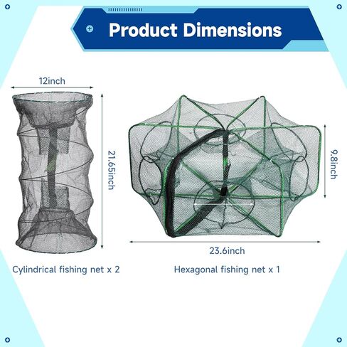 مجموعة مصائد شبكة صيد ذكية، مصائد سرطان البحر الاسطوانية السداسية الاسطوانية الكل في واحد، شبكة صيد لصيد جراد البحر، مصائد شبكية لصيد السمك وجراد البحر، ملحقات صيد محمولة قابلة للطي in Kuwait