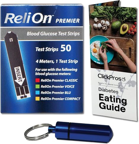 ريلاون ريلي أون شرائط اختبار جلوكوز الدم الممتازة، حزمة 50 قيراط تتضمن "دليل تناول الطعام لمرضى السكري" الحصري من ClickPros وحاوية حبوب منع الحمل المحمولة (3 عناصر)! in Kuwait
