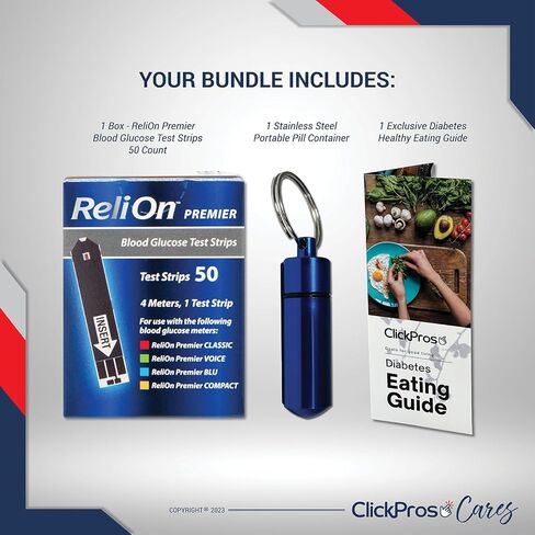 ريلاون ريلي أون شرائط اختبار جلوكوز الدم الممتازة، حزمة 50 قيراط تتضمن "دليل تناول الطعام لمرضى السكري" الحصري من ClickPros وحاوية حبوب منع الحمل المحمولة (3 عناصر)! in Kuwait