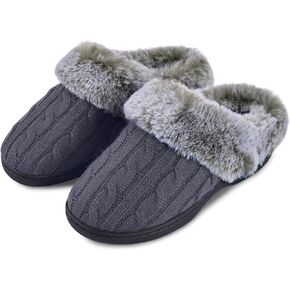 Parlovable Women's Soft Cable Knit Slippers Soft Plush Faux Fur Collar Memory Foam Fuzzy House Shoes Anti-Skid Indoor/Outdoor Rubber Sole