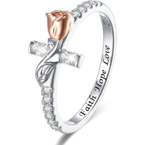 SOLOLIKE Sterling Silver Rose Flower Sideways Cross Rings for Women: Cute Cross Ring for Teen Girls Wedding Stackable Band Rings - Valentine's Day Jewelry Gifts for Her