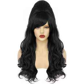 ANOGOL Hair Cap+ Black Bouffant Beehive Wig Beehive Style Wig Black Long Wavy Updo Wig For 80s 60s 50s Cosplay Costume Wig For Women Girls Halloween Party