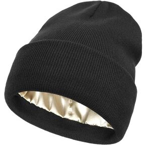 Yourbro Black Silk Lined Winter Knitted Hats Beanies Satin Lined Knit Beanie hat Cap with Satin Lined in Kuwait