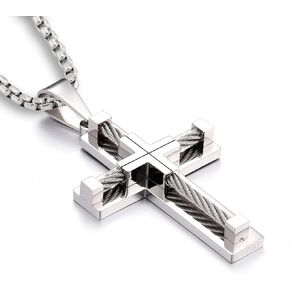 YL Men's Cross Necklace 316L Stainless Steel Large Jesus Christ Pendant White/Gold/Black Jewelry Rolo Chain for 24''