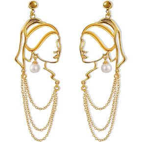 TIANHONGYAN Unique Abstract Face Art Long Drop Dangle Earrings Dainty Hollow Gold Vintage Face Geometric Dangle Earrings Statement Jewelry for Women Girls