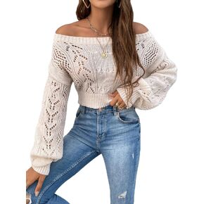 WDIRARA Women's Off Shoulder Long Sleeve Hollow Out Sheer Knit Soft Crop Top Sweater in Kuwait