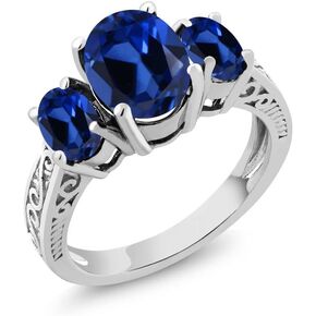Gem Stone King 925 Sterling Silver Oval Blue Created Sapphire 3 Stone Engagement Ring For Women (3.51 Cttw, Available In Size 5, 6, 7, 8, 9) in Saudi Arabia