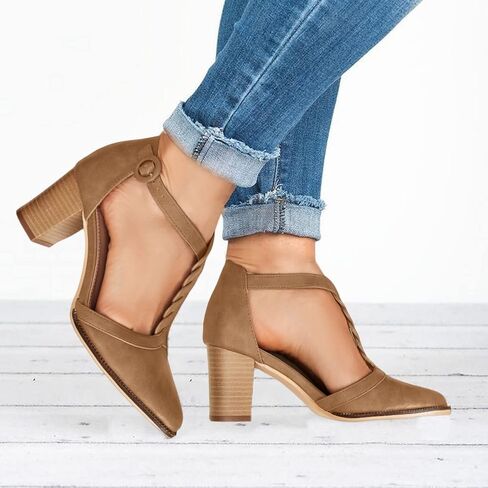 Coutgo Womens Block Chunky Heels T Strap Pointed Toe Work Dress Shoes | Closed Toe Pumps, 2.6-In Stacked Heeled Sandals, Adjustable Ankle Strap, Party Prom, Wedding, Office in Saudi Arabia