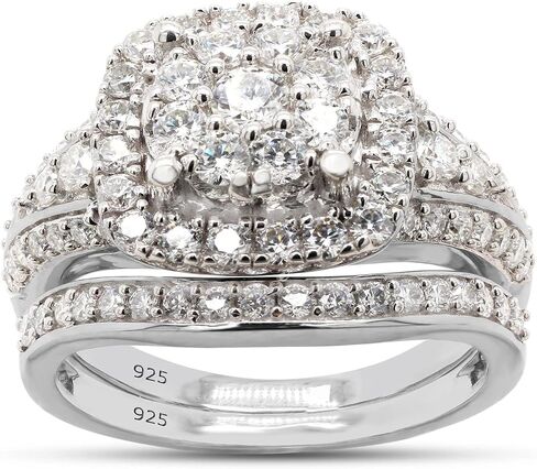 SAVEARTH DIAMONDS 1 1/4 CTTW قطع مستدير تم إنشاؤها بواسطة مختبر مويسانيتي الماس مزدوج هالة خاتم الزفاف من الذهب عيار 14 قيراط على الفضة الإسترليني (لون G-H، وضوح VVS1، 1.25 قيراط) in Kuwait