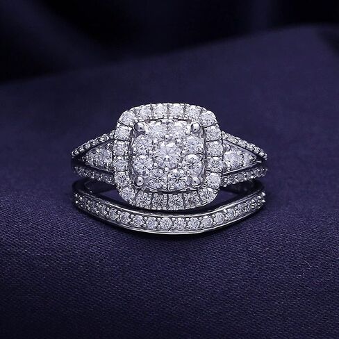 SAVEARTH DIAMONDS 1 1/4 CTTW قطع مستدير تم إنشاؤها بواسطة مختبر مويسانيتي الماس مزدوج هالة خاتم الزفاف من الذهب عيار 14 قيراط على الفضة الإسترليني (لون G-H، وضوح VVS1، 1.25 قيراط) in Kuwait
