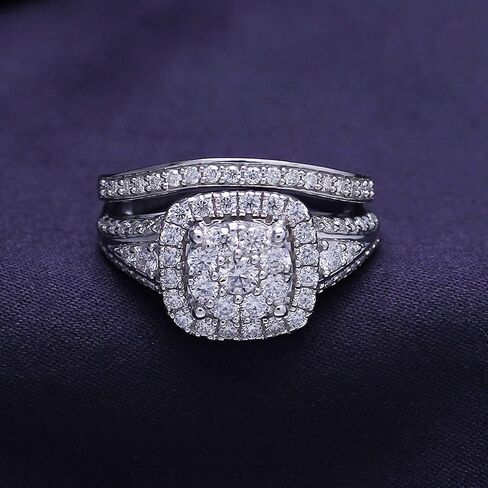 SAVEARTH DIAMONDS 1 1/4 CTTW قطع مستدير تم إنشاؤها بواسطة مختبر مويسانيتي الماس مزدوج هالة خاتم الزفاف من الذهب عيار 14 قيراط على الفضة الإسترليني (لون G-H، وضوح VVS1، 1.25 قيراط) in Kuwait