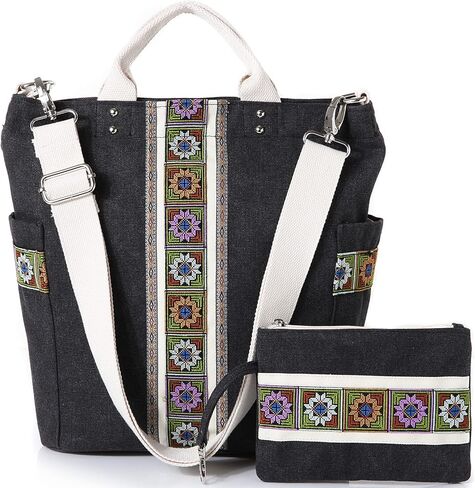 حقيبة يد نسائية من القماش الكتاني من Worldlyda حقيبة كتف كبيرة كلاسيكية كاجوال بمقبض علوي وحقائب يد مع تطريز in Kuwait