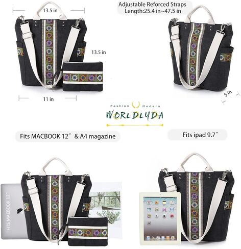 حقيبة يد نسائية من القماش الكتاني من Worldlyda حقيبة كتف كبيرة كلاسيكية كاجوال بمقبض علوي وحقائب يد مع تطريز in Kuwait