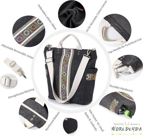 حقيبة يد نسائية من القماش الكتاني من Worldlyda حقيبة كتف كبيرة كلاسيكية كاجوال بمقبض علوي وحقائب يد مع تطريز in Kuwait