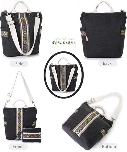 حقيبة يد نسائية من القماش الكتاني من Worldlyda حقيبة كتف كبيرة كلاسيكية كاجوال بمقبض علوي وحقائب يد مع تطريز in Kuwait