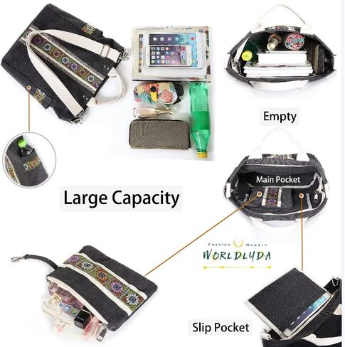 حقيبة يد نسائية من القماش الكتاني من Worldlyda حقيبة كتف كبيرة كلاسيكية كاجوال بمقبض علوي وحقائب يد مع تطريز in Kuwait