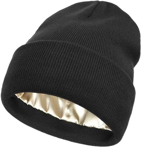 Yourbro Black Silk Lined Winter Knitted Hats Beanies Satin Lined Knit Beanie hat Cap with Satin Lined in Kuwait