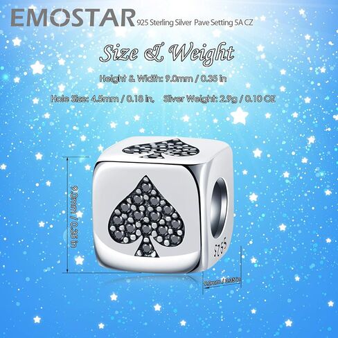 Dice-Shaped Number 0-9 Charms and Poker 4-Suits Beads, 925 Sterling Silver Square Cube Charms with CZ fits European Women Bracelet, Gifts for Birthday/Family/Lover in Kuwait
