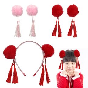 Hhdatc طفل الفتيات إكسسوارات الشعر النمط الصيني ، كرات شعر فروي عقال مقاطع جديدة فتاة الانحناء شرابات مشابك الشعر in Kuwait