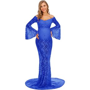 ZIUMUDY Flared Sleeve Lace Maternity Maxi Dress for Photo Shoot Off Shoulder See-Through Sexy Maternity Gown