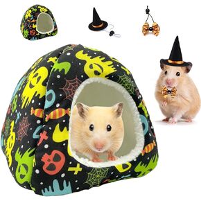 Vehomy Small Animal Halloween House Hideout & Costume Set- Hamster Cave House Bed Nest Hideout with Ghost Candy Spider Net Pattern Hamster Witch Hat Bowtie for Rodent Chinchilla Hedgehog in Kuwait