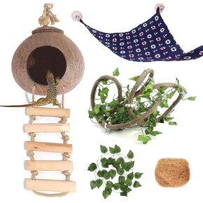 Crested Gecko Tank Accessories, Coconut Hut with Ladder Reptile Hammock Colorful Hanging Plants Jungle Climber Vine Coco Shell Hideout Habitat Decor for Bearded Dragon Lizard Gecko Snake in Kuwait