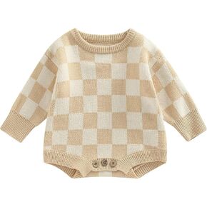 SAYOO Unisex Baby Girl Boy Checkerboard Clothes Plaid Knitted Bubble Romper One Piece Sweater Bodysuit Jumpsuit Clothes