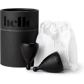 The Hello Cup Menstrual Cups Double Box, BPA Free, Reusable, Hypoallergenic, Recyclable, Medical Grade TPE, No Silicone, No Rubber, No Latex, XS Black & S / M Black, 1 box in Kuwait