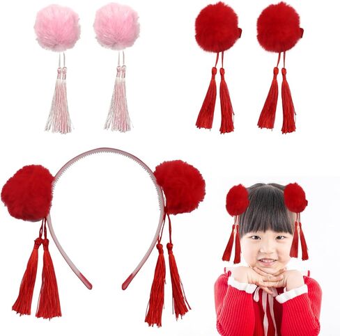 Hhdatc طفل الفتيات إكسسوارات الشعر النمط الصيني ، كرات شعر فروي عقال مقاطع جديدة فتاة الانحناء شرابات مشابك الشعر in Kuwait