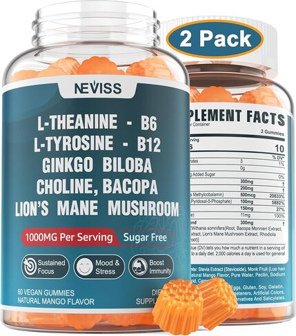 علكات تركيز L-Tyrosine خالية من السكر، أقصى قوة لصحة الدماغ مع L-Theanine، Ashwagandha، فيتامين B6، B12، الجنكة بيلوبا، الرهوديولا الوردية، فطر عرف الأسد، للتركيز والذاكرة، 120 قيراط in Kuwait