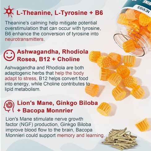 علكات تركيز L-Tyrosine خالية من السكر، أقصى قوة لصحة الدماغ مع L-Theanine، Ashwagandha، فيتامين B6، B12، الجنكة بيلوبا، الرهوديولا الوردية، فطر عرف الأسد، للتركيز والذاكرة، 120 قيراط in Kuwait