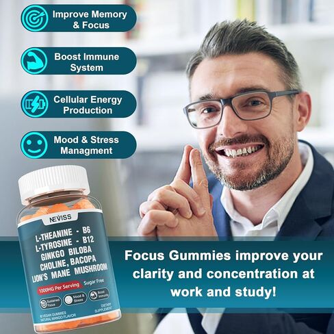 علكات تركيز L-Tyrosine خالية من السكر، أقصى قوة لصحة الدماغ مع L-Theanine، Ashwagandha، فيتامين B6، B12، الجنكة بيلوبا، الرهوديولا الوردية، فطر عرف الأسد، للتركيز والذاكرة، 120 قيراط in Kuwait