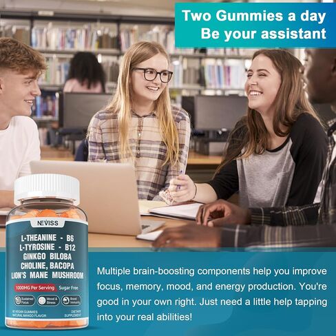 علكات تركيز L-Tyrosine خالية من السكر، أقصى قوة لصحة الدماغ مع L-Theanine، Ashwagandha، فيتامين B6، B12، الجنكة بيلوبا، الرهوديولا الوردية، فطر عرف الأسد، للتركيز والذاكرة، 120 قيراط in Kuwait