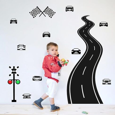 Large Road Wall Sticker Road Sign Peel and Stick Wall Decals Race Car Wall Stickers Removable Track Highway Vinyl Stickers Traffic Cars Sport Wall Decals for Kids Room Boys Bedroom Decor in Saudi Arabia